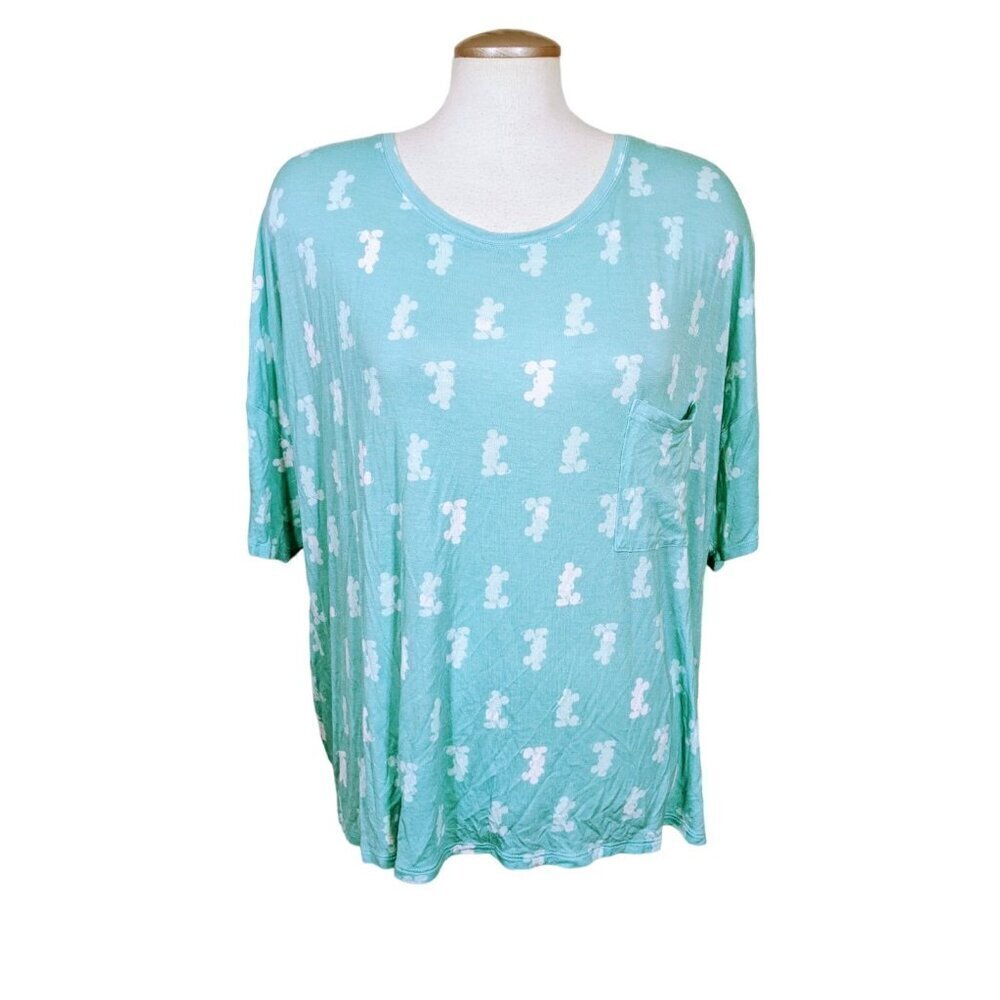 Disney Mickey Mouse Pajama Top Womens XXL Allover Print Boxy Pocket Mint Green